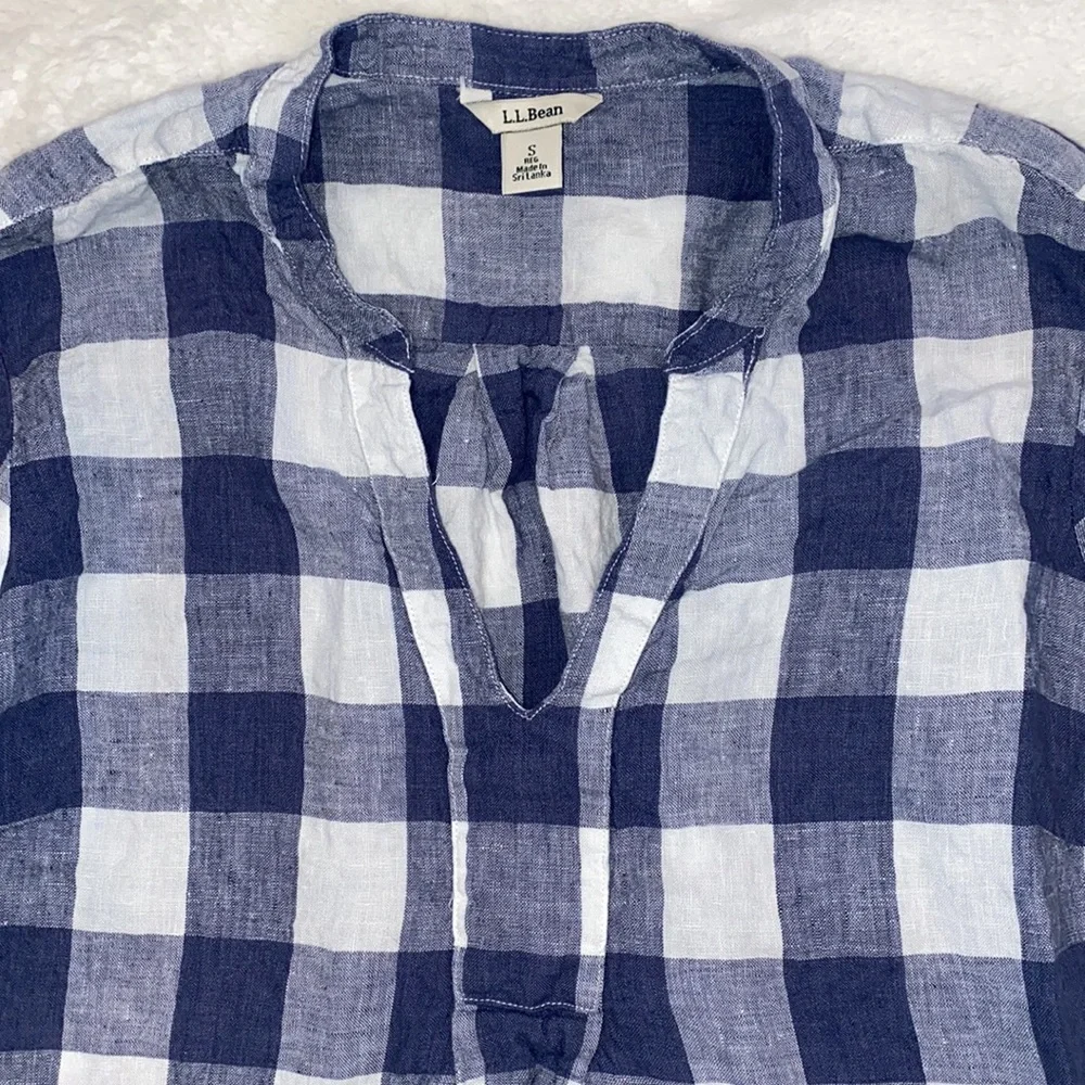 L.L. Bean Split Neck Linen Tunic Long Sleeve Plaid Top - Picture 2 of 10